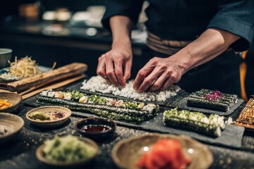 Chef assembles toppings on rice for sushi