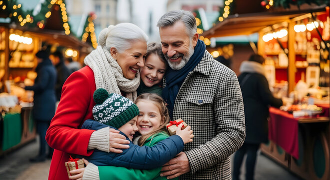 Family enjoying Christmas market together with festive decorations  