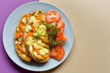 Overhead Shot of Gourmet Vegetable Welsh Cheddar Cheese and Pepper Toast with Fresh Tomatoes and Dill