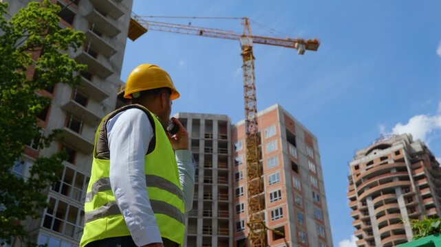 Law angle view of handsome male builder in helmet using walkie-talkie standing at construction site on street. Rear of man constructor speaking in receiver showing Up gesture