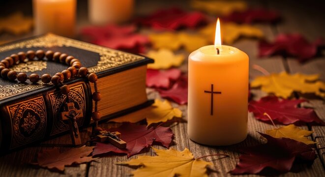 All Saints' Day commemoration with burning candle featuring cross, holy Bible, and rosary on rustic wood, colorful autumn leaves, spiritual devotion scene. - Powered by Adobe