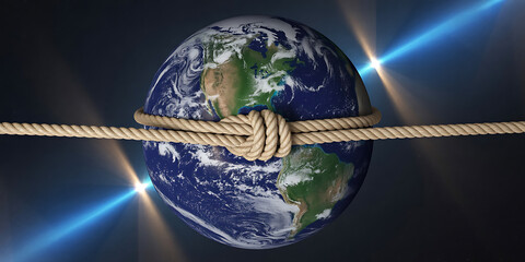 Earth bound by rope, illuminated by light, symbolizing control, fragility, and global interconnectedness.