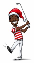 Black golfer in Santa hat swinging a club with excitement on a white background