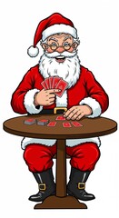 Santa Claus playing cards at a table on a white background