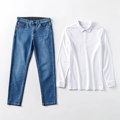 Casual outfit with blue jeans and white long-sleeve shirt on a white background
