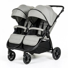 Double stroller with gray fabric and black frame on a white background