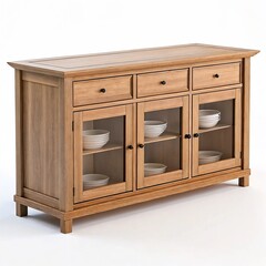 Wooden sideboard with glass doors and white dishes on a white background