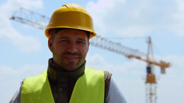 Close up of handsome cheerful man builder in yellow hard hat looking at camera and smiling outdoors. Young male worker in helmet with smile on face at construction site on street