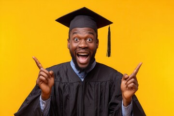 Excited young African male graduate enthusiastically gesturing upwards