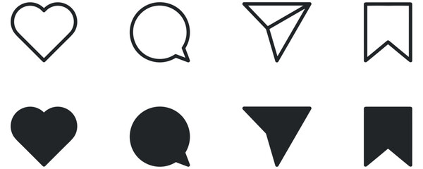 Like, comment, share and save social media buttons for a user interface.