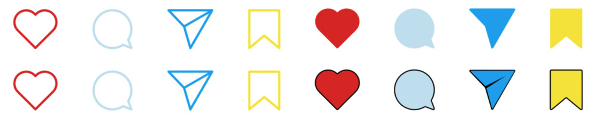 Like, comment, share and save social media buttons for a user interface.