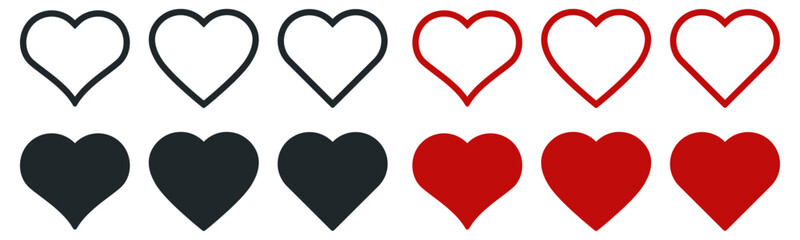 Vector hearts isolated on white. Hearts in linear and solid. Valentines day signs or symbols. Vector illustration