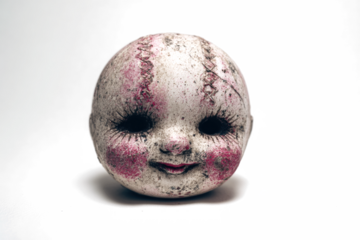 Creepy doll head with stains and cracks a disturbing image perfect for horror or Halloween themes