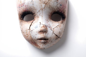 Creepy broken doll face with cracked porcelain dramatic eyelashes and blank eyes isolated on white background