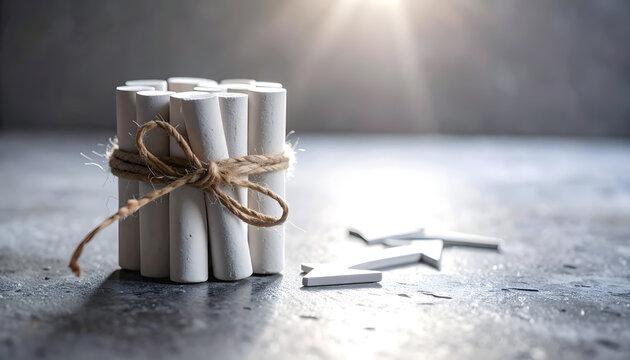 Bundle of white chalk tied with jute string on a surface