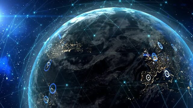 Dynamic exchange of data, connections, information across planet. Concept of global interconnection and communication. Tech, globalization. Transfer of web data. Network over the Earth at night, 4k