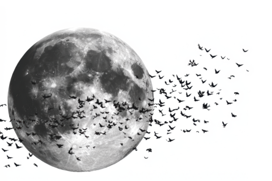 Full moon with flock of birds flying grayscale illustration for fantasy concepts isolated on white background