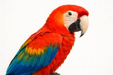 Fototapeta premium Studio portrait of a colorful parrot on white background with detailed feathers and perfect lighting. Image generated with the use of an AI.