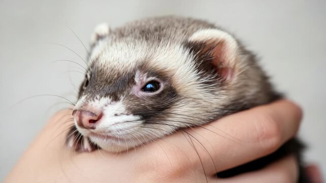 Close-up of ferret being held gently in hand