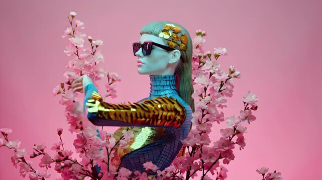 Blue-skinned fashion model in turquoise and gold couture among pink blossoms with a floral crown in a pink studio setting