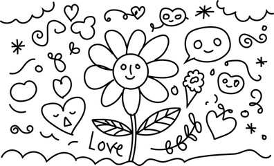 Doodle art featuring flower hearts and speech bubbles for creative projects