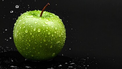 Vibrant green apple with water droplets splashing against a dark background