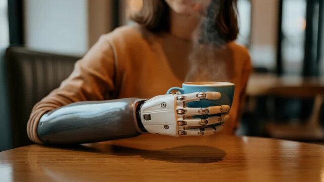 Young female with advanced bionic arm holds coffee cup, symbolizing technological innovation and modern assistive devices