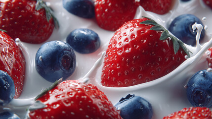 Fresh strawberries and blueberries splashing in creamy milk at a sunny kitchen table setting Generative AI
