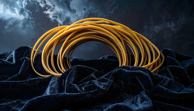 Pile of dried spaghetti on dark velvet cloth background