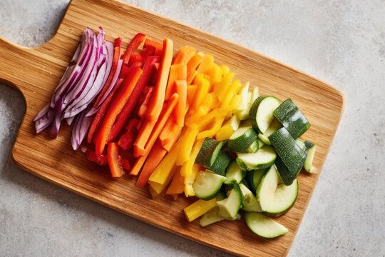 colorful sliced vegetables on a wooden cutting board, neatly arranged red pepper, orange carrot, yellow pepper, green zucchini and cucumber