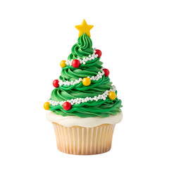 Delicious christmas tree cupcake isolated on transparent background, decorated with colorful candies and a star