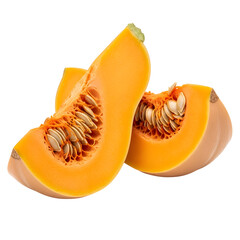 Two slices of fresh butternut squash isolated on transparent background, showcasing its vibrant orange flesh and seeds