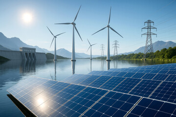 Sustainable renewable energy scene with solar panels wind turbines hydro dam and transmission towers symbolizing clean technology and ecological progress