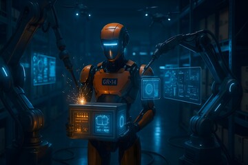 Humanoid Robot Carrying a Cardboard Box while Walking Through a Large Logistics Warehouse with Other Autonomous Robots. Futuristic Workplace with Automation and AI-Powered Work Equipment