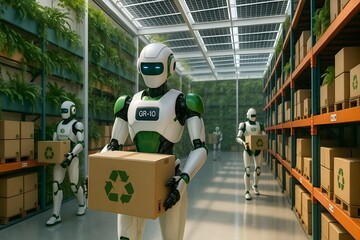 Humanoid Robot Transports a Parcel in a Spacious Distribution Hub with Modern Supply Chain Automation Solutions. Cinematic Follow Shot Through Shelves with Cardboard Boxes
