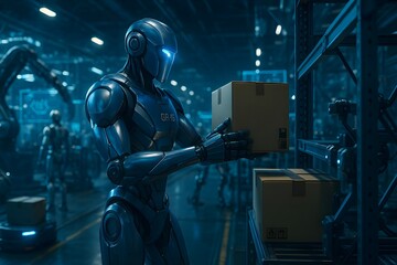 Humanoid Robot Transports a Parcel in a Spacious Distribution Hub with Modern Supply Chain Automation Solutions. Cinematic Follow Shot Through Shelves with Cardboard Boxes