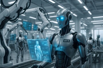 Humanoid Robot Carrying a Cardboard Box while Walking Through a Large Logistics Warehouse with Other Autonomous Robots. Futuristic Workplace with Automation and AI-Powered Work Equipment