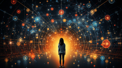 Woman standing in glowing digital tunnel representing complex data network
