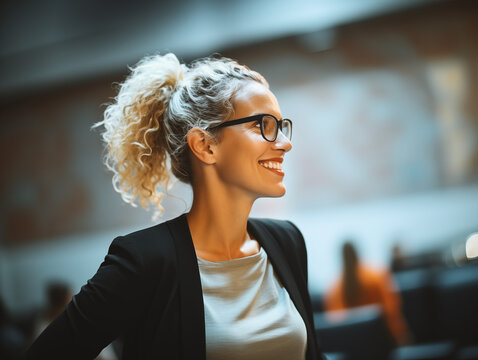 Smiling businesswoman with curly hair and glasses in a conference setting