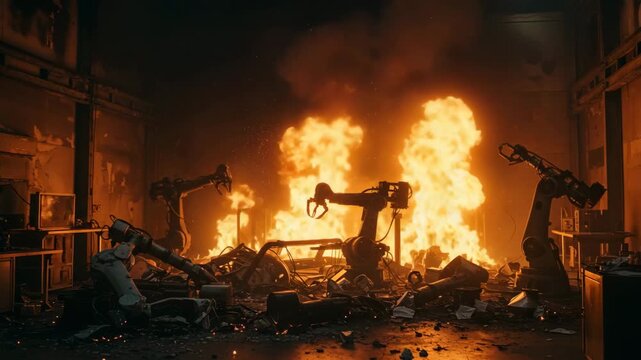 Robotics Lab Engulfed in Flames, Ruined Arms Amid Wreckage