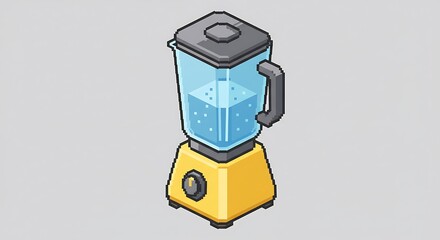 An isometric pixel art illustration of a blender with a jar filled with liquid, in an 8-bit or 16-bit gaming style, on a light gray background.