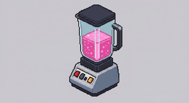 An isometric pixel art illustration of a blender with a jar filled with liquid, in an 8-bit or 16-bit gaming style, on a light gray background.