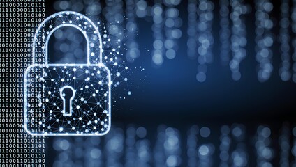 Cyber security concept. Lock symbol from lines and triangles, point connecting network blue digital binary data background