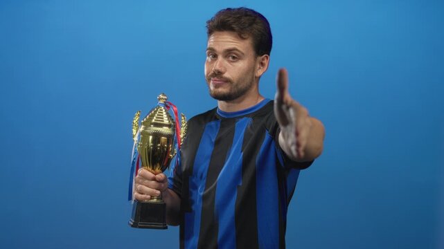 Man holding trophy with outstretched hand in studio against blue backdrop; victory pride achievement.