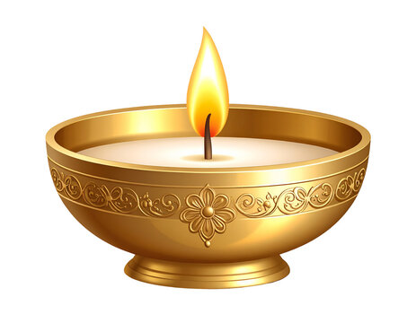 Decorative brass diya with engraved floral motifs and burning wick