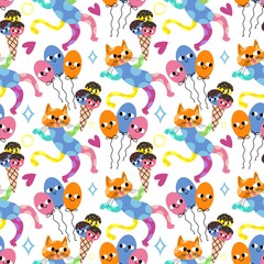 Fototapeta premium Birthday party seamless cats pattern for wrapping paper and fabrics and linens and kids clothes print