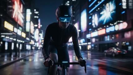 Cyclist with augmented reality glasses rides through a futuristic urban cityscape at night - Powered by Adobe