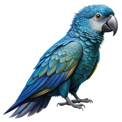 Obraz premium Illustration of a vibrant blue macaw, isolated on transparent background, showcases its stunning plumage, with intricate details of its feathers and captivating gaze, creating a striking image
