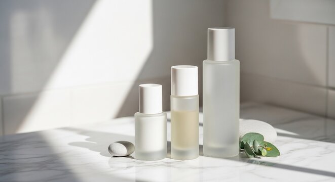 Minimalist Beauty Collection: A serene display of skincare essentials arranged on a sleek, sunlit surface, showcasing minimalist elegance and the essence of natural beauty.