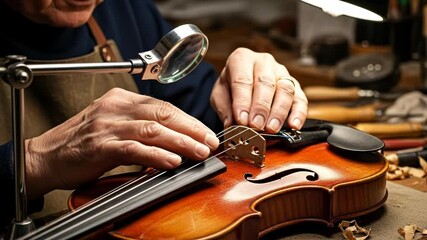 Craftsman meticulously adjusting a violin bridge with precision tools in his workshop - Powered by Adobe
